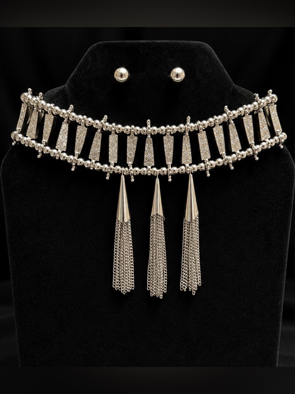 Silver Statement Choker Necklace & Stud Earring Set